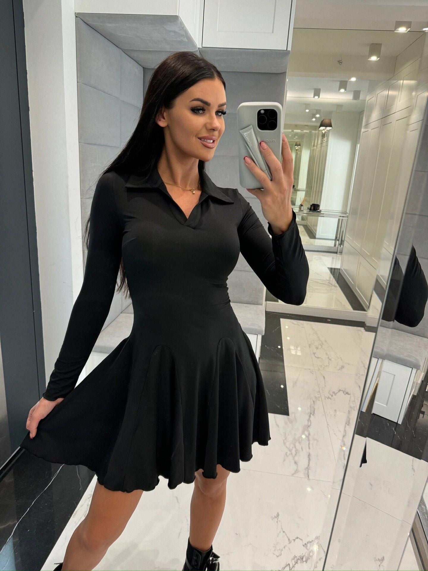 Dress 2025 Spring and Summer Cross-Border Women's New Amazon Aliexpress Solid Color Waist Long Sleeve Lapel Skirt - Cozy & Co. Market