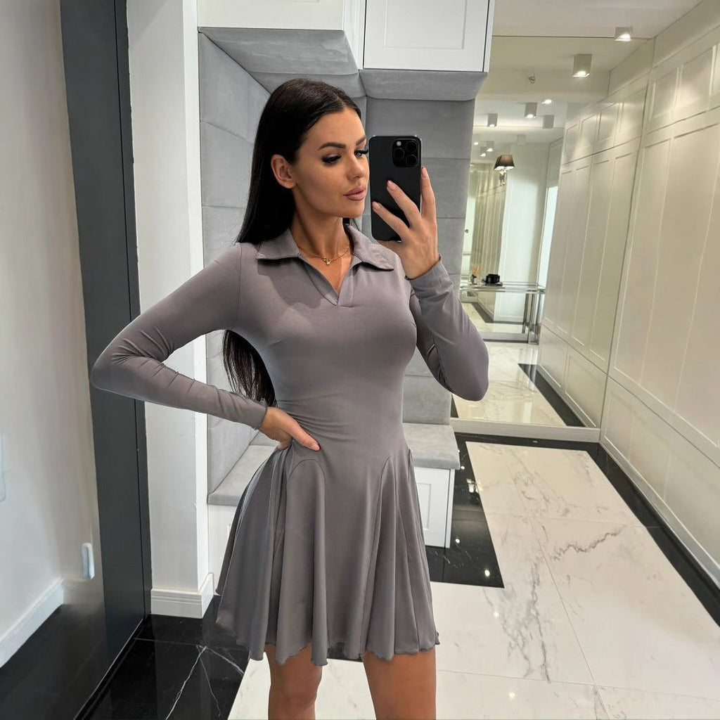 Dress 2025 Spring and Summer Cross-Border Women's New Amazon Aliexpress Solid Color Waist Long Sleeve Lapel Skirt - Cozy & Co. Market