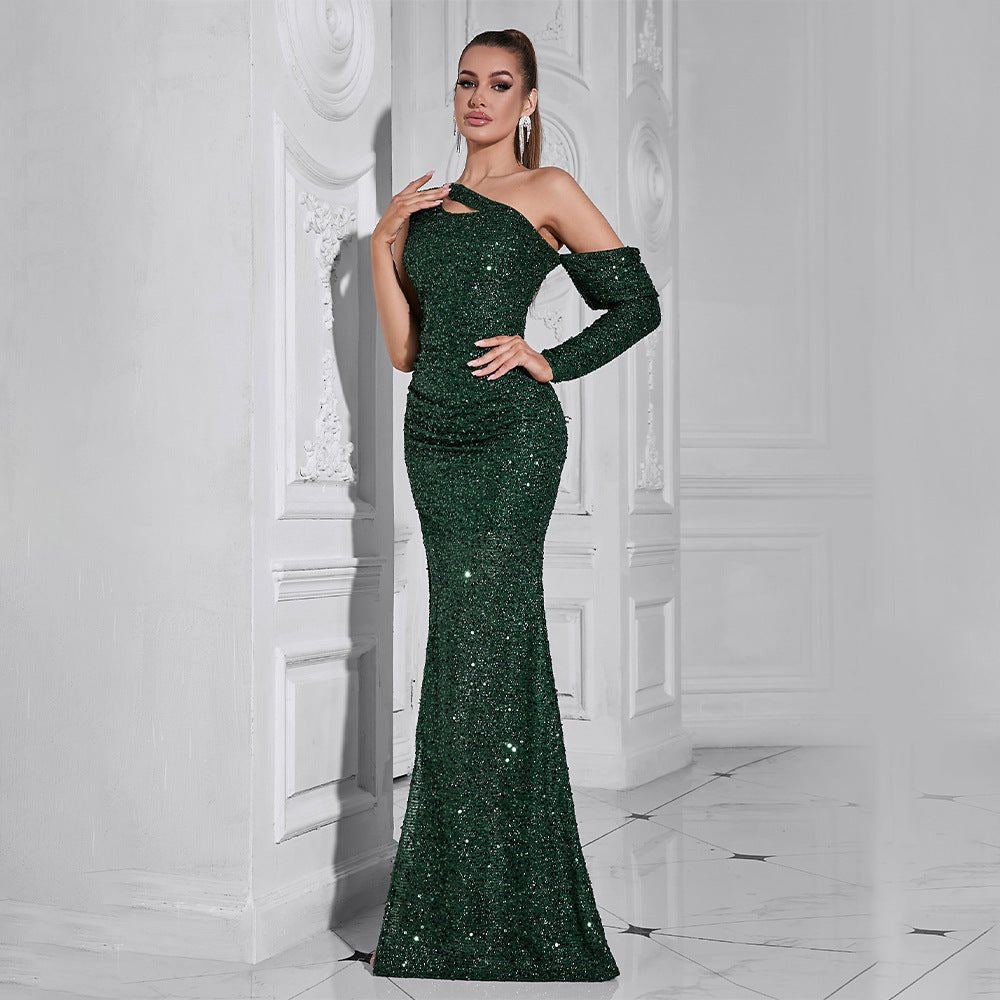 Dress European and American autumn new fashion shoulder long sleeve pleated sequins waist fishtail banquet dress dress - Cozy & Co. Market