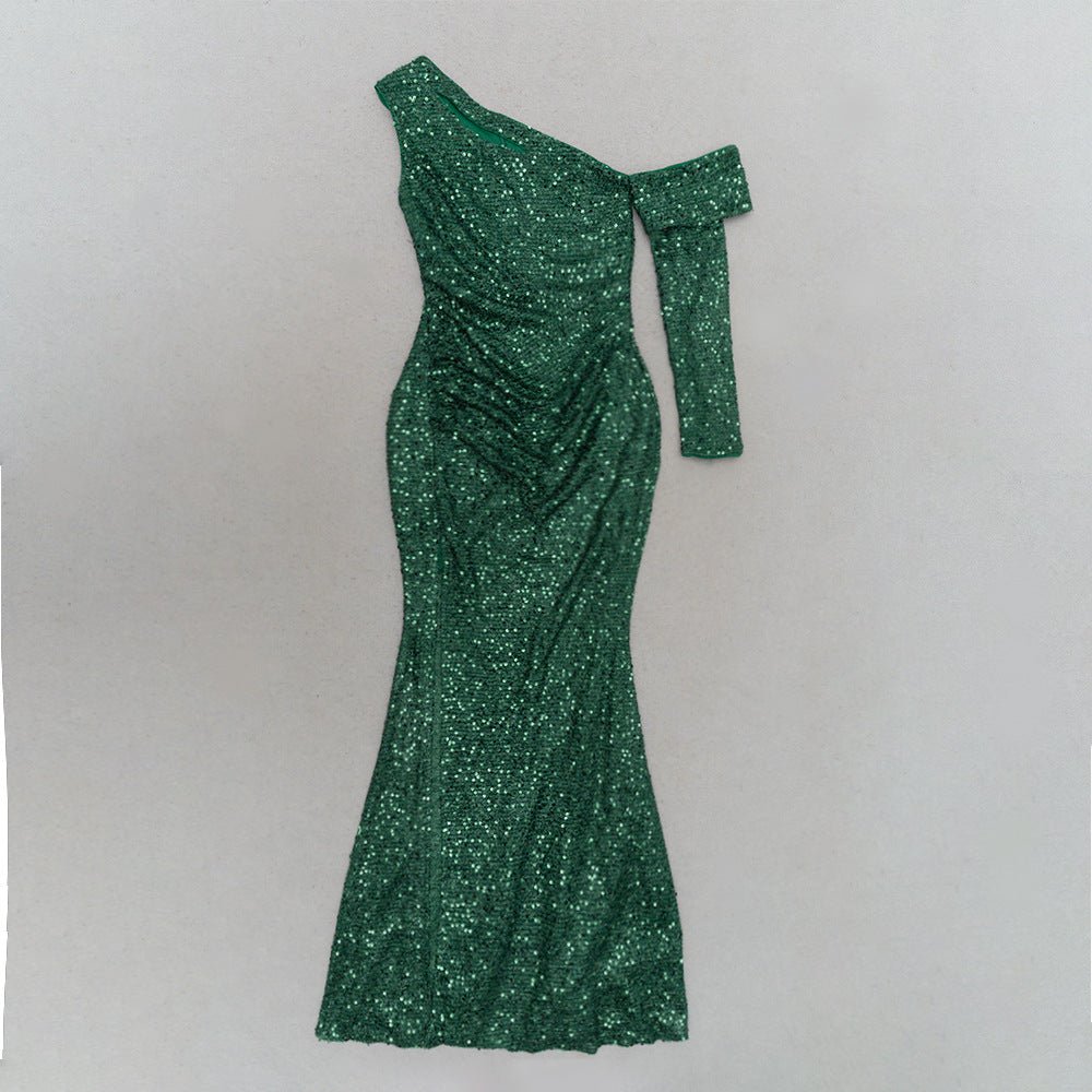 Dress European and American autumn new fashion shoulder long sleeve pleated sequins waist fishtail banquet dress dress - Cozy & Co. Market