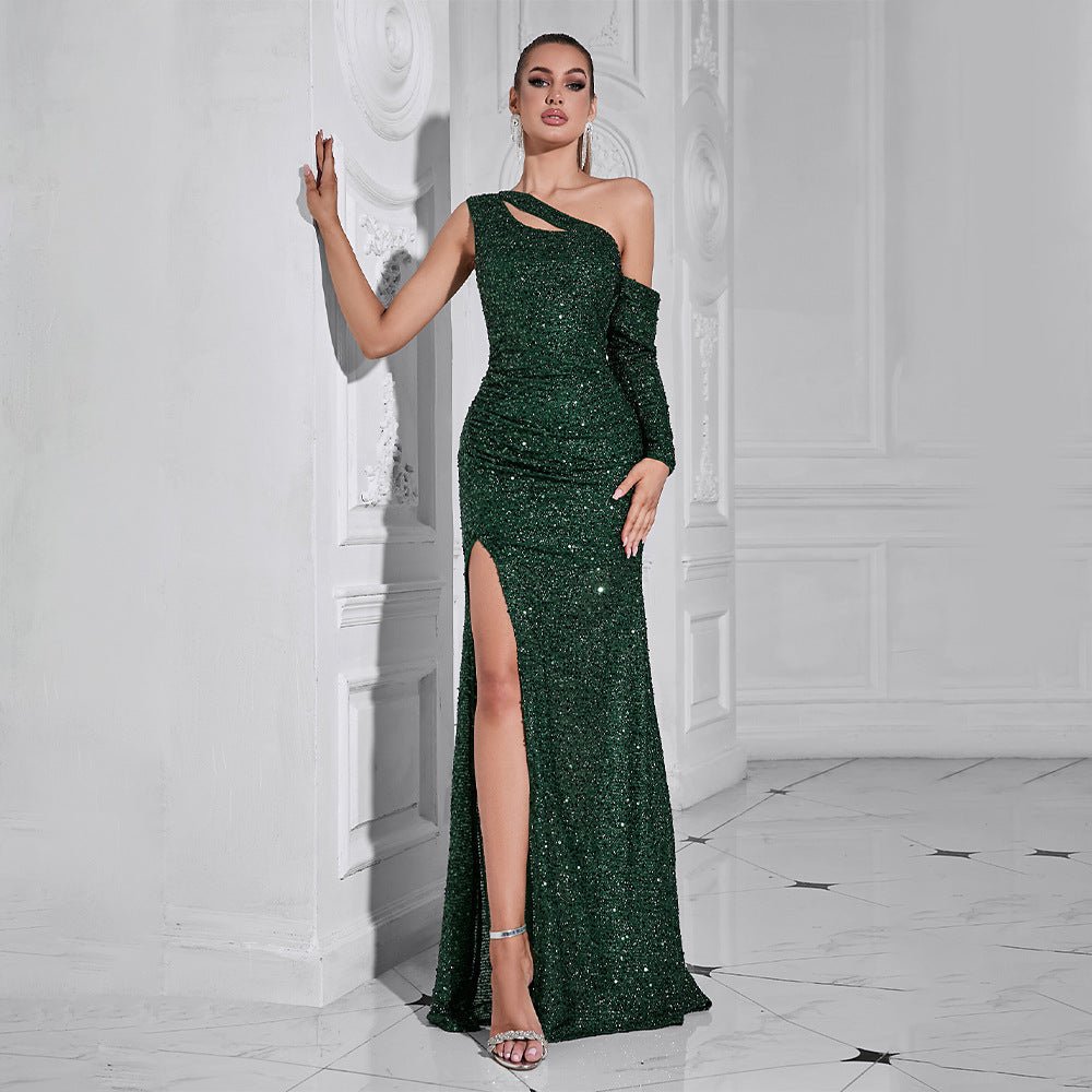 Dress European and American autumn new fashion shoulder long sleeve pleated sequins waist fishtail banquet dress dress - Cozy & Co. Market