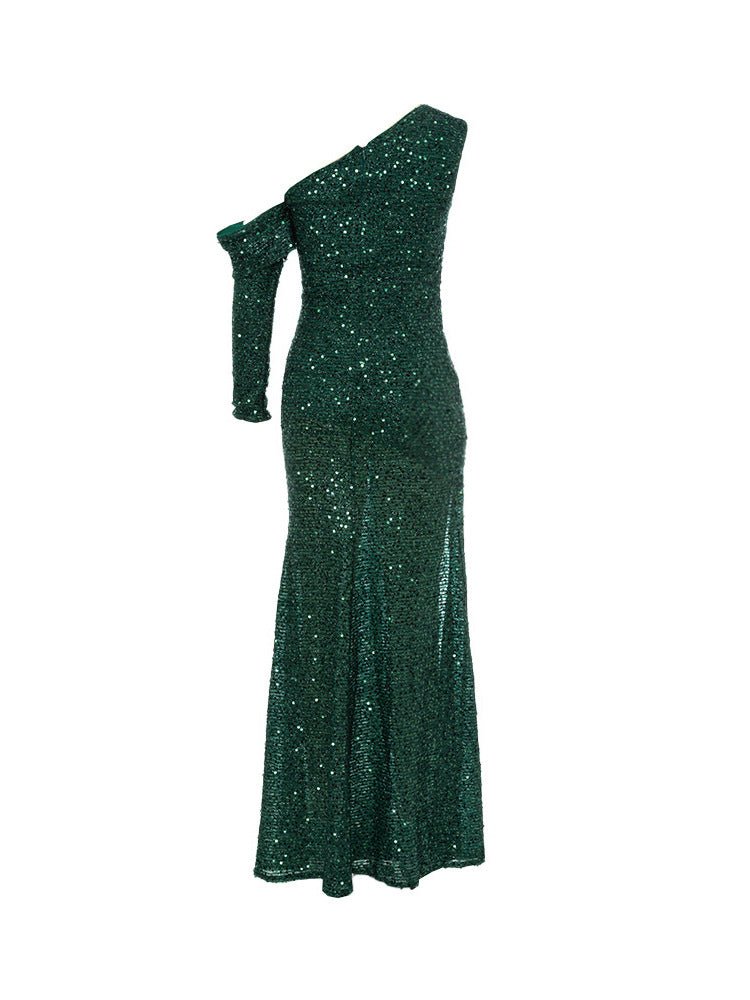 Dress European and American autumn new fashion shoulder long sleeve pleated sequins waist fishtail banquet dress dress - Cozy & Co. Market