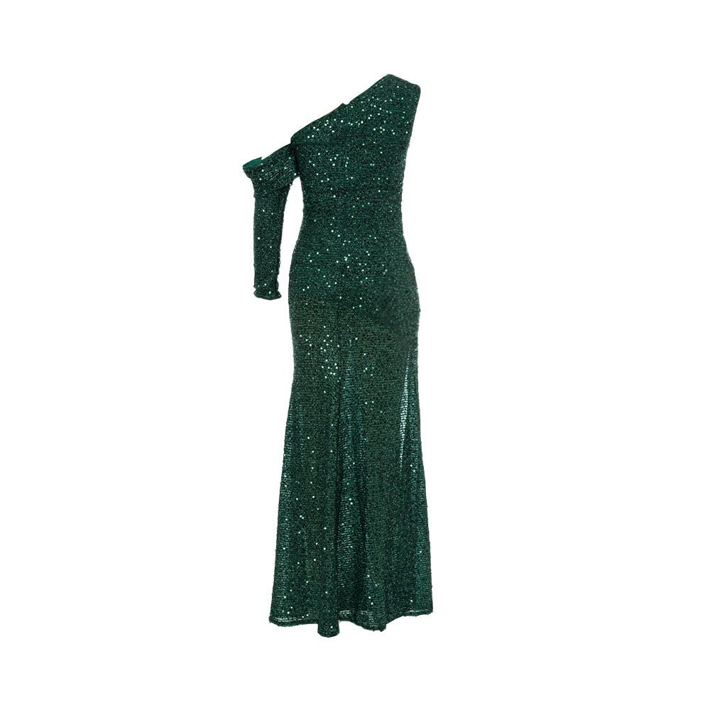 Dress European and American autumn new fashion shoulder long sleeve pleated sequins waist fishtail banquet dress dress - Cozy & Co. Market