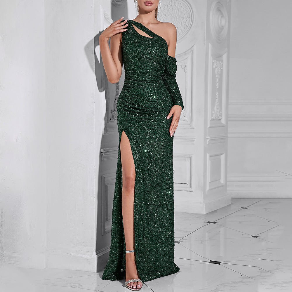 Dress European and American autumn new fashion shoulder long sleeve pleated sequins waist fishtail banquet dress dress - Cozy & Co. Market