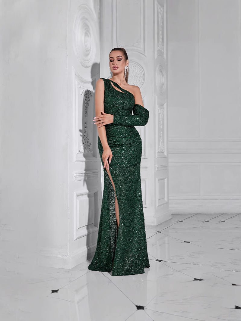 Dress European and American autumn new fashion shoulder long sleeve pleated sequins waist fishtail banquet dress dress - Cozy & Co. Market