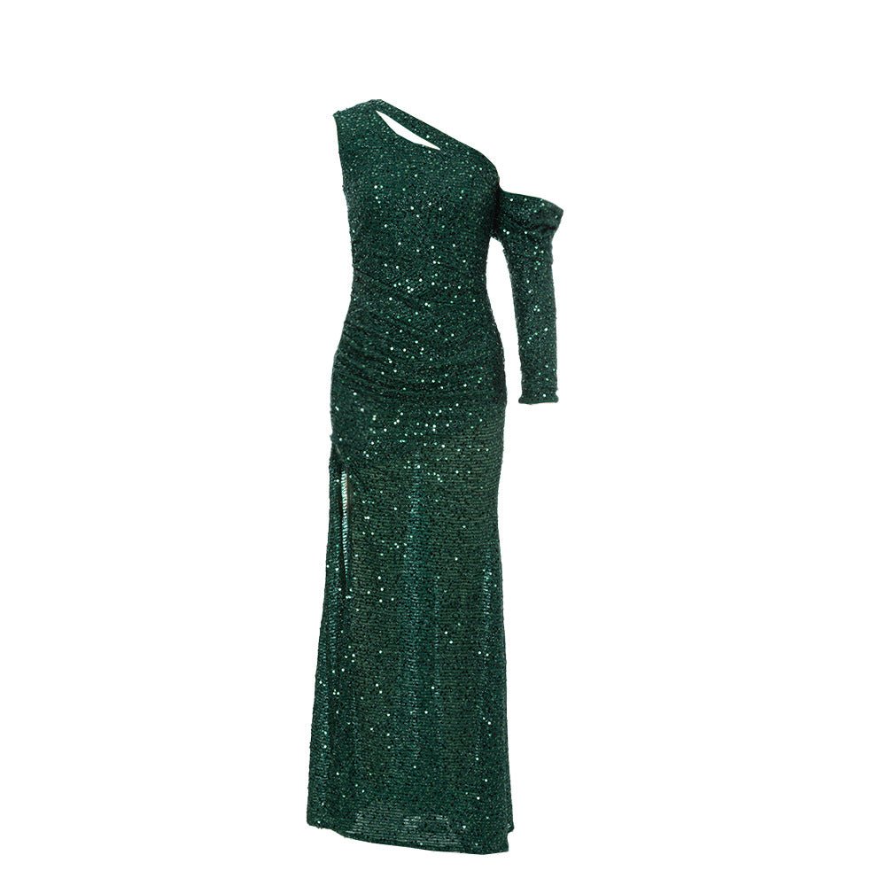 Dress European and American autumn new fashion shoulder long sleeve pleated sequins waist fishtail banquet dress dress - Cozy & Co. Market