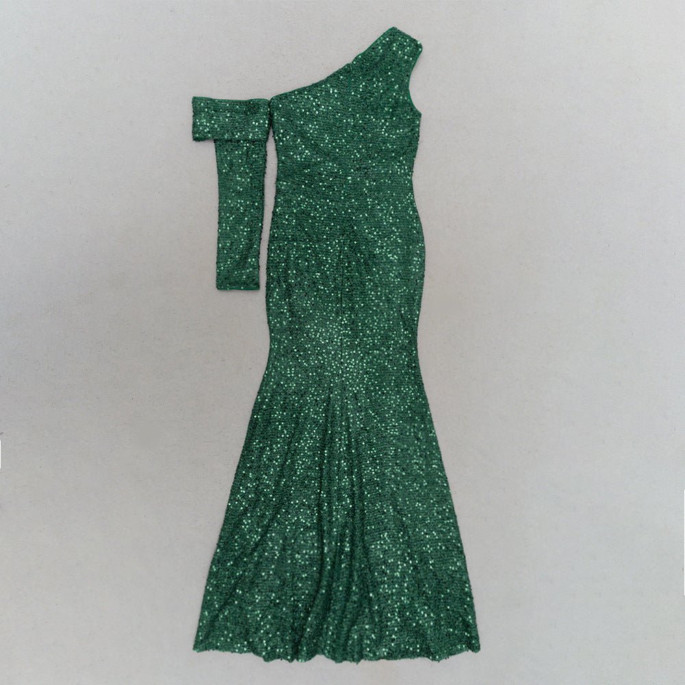 Dress European and American autumn new fashion shoulder long sleeve pleated sequins waist fishtail banquet dress dress - Cozy & Co. Market