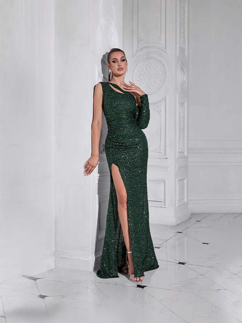Dress European and American autumn new fashion shoulder long sleeve pleated sequins waist fishtail banquet dress dress - Cozy & Co. Market