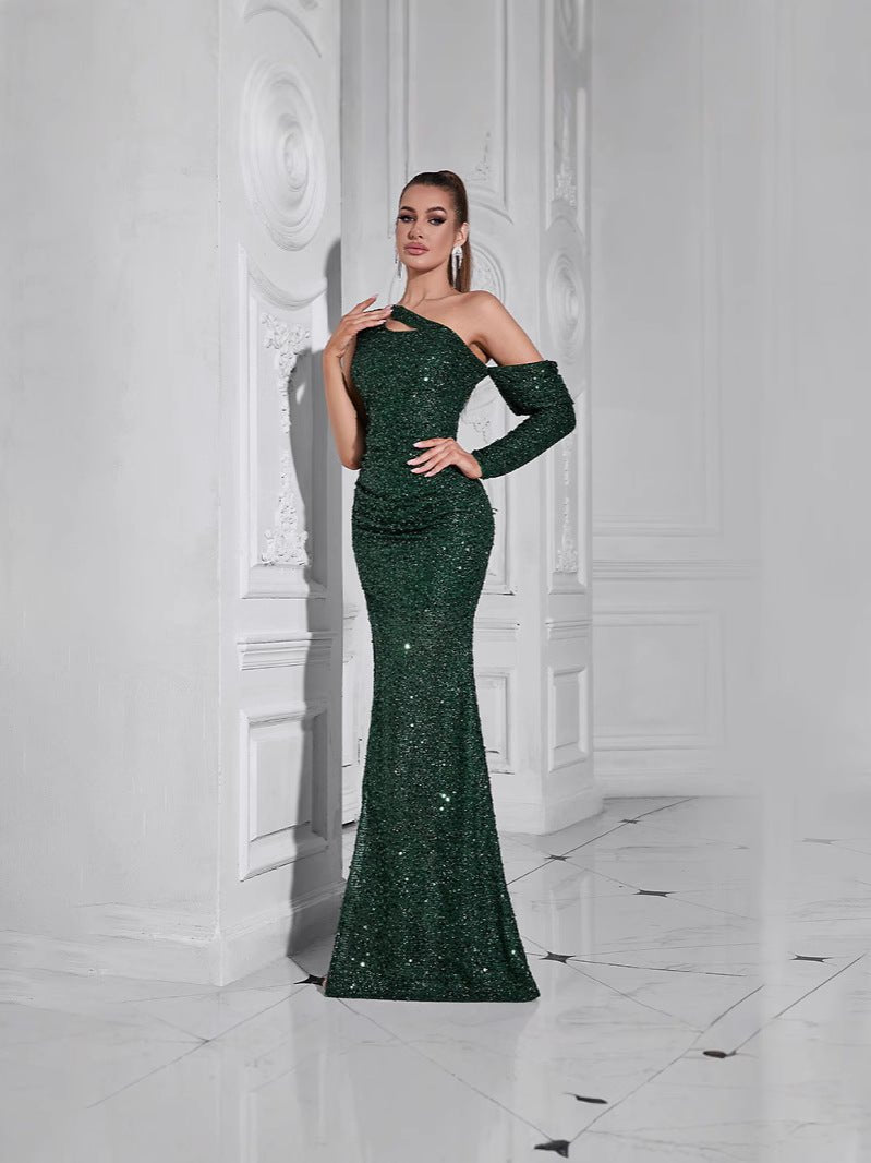 Dress European and American autumn new fashion shoulder long sleeve pleated sequins waist fishtail banquet dress dress - Cozy & Co. Market