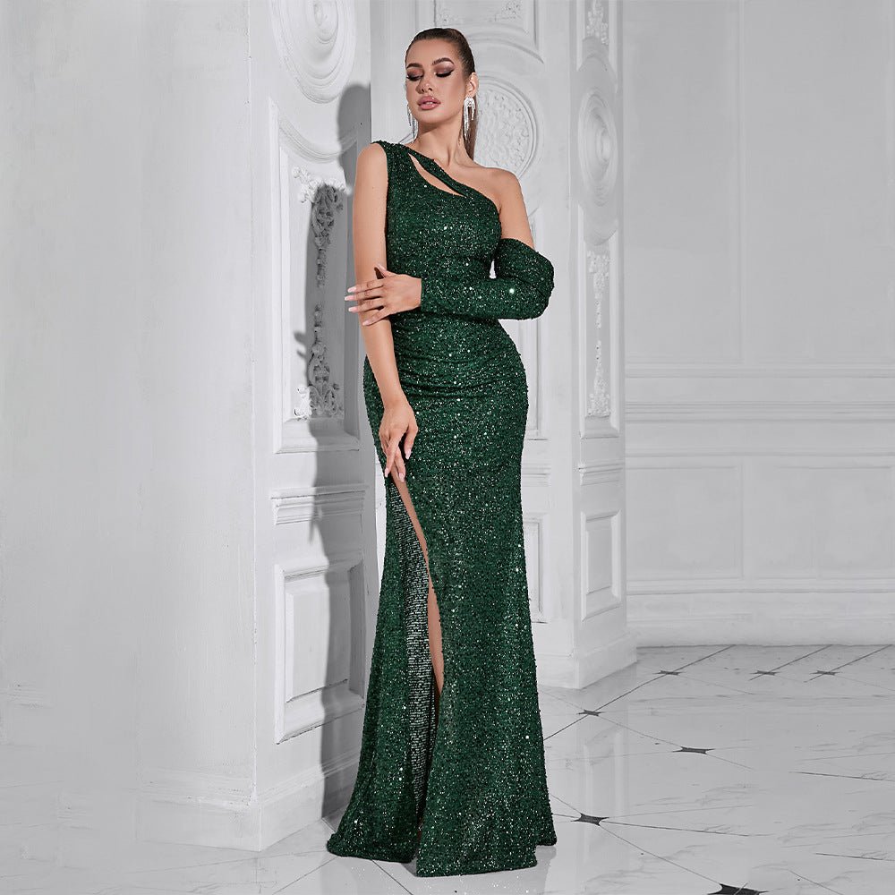 Dress European and American autumn new fashion shoulder long sleeve pleated sequins waist fishtail banquet dress dress - Cozy & Co. Market