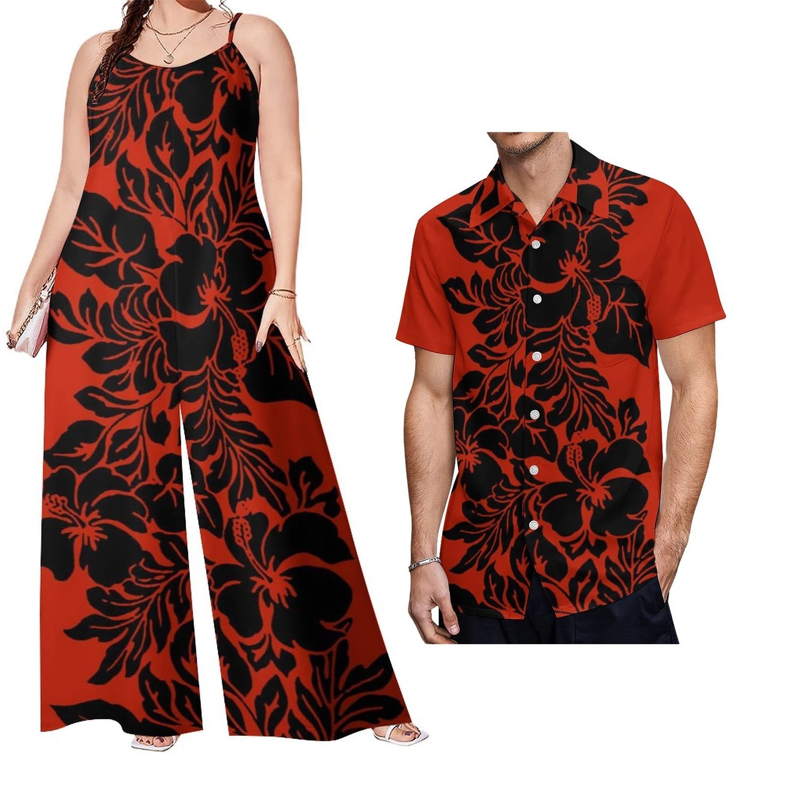Drop Shipping Samoa Puletasi Casual Women Sling Jumpsuit Match Short Sleeve Aloha Shirt Polynesian Couple Clothes 2pc Set - Cozy & Co. Market