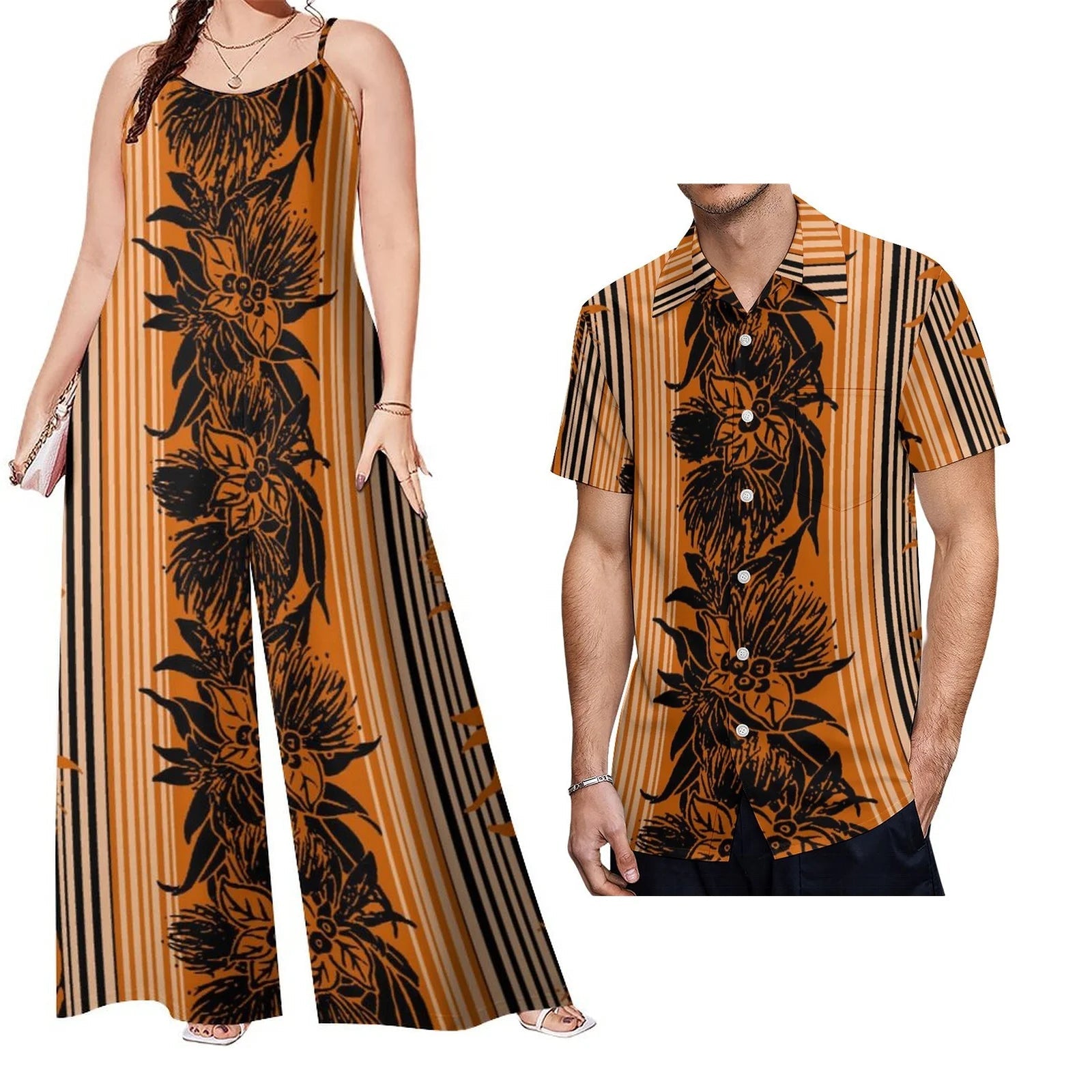 Drop Shipping Samoa Puletasi Casual Women Sling Jumpsuit Match Short Sleeve Aloha Shirt Polynesian Couple Clothes 2pc Set - Cozy & Co. Market