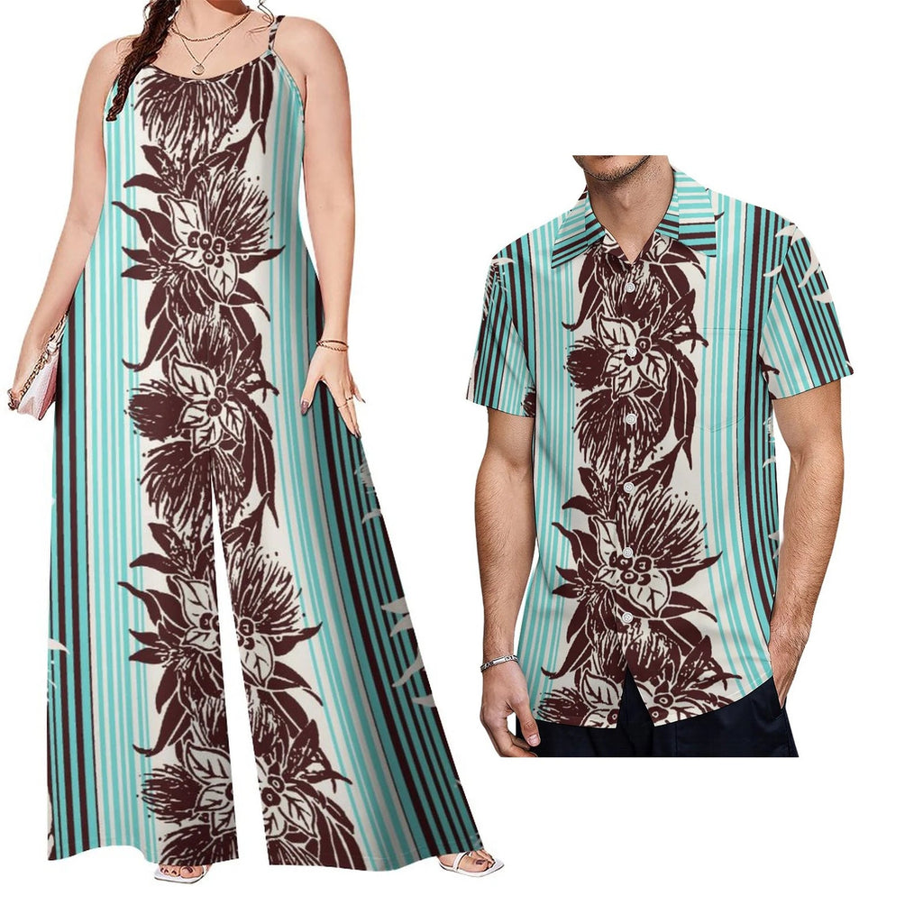 Drop Shipping Samoa Puletasi Casual Women Sling Jumpsuit Match Short Sleeve Aloha Shirt Polynesian Couple Clothes 2pc Set - Cozy & Co. Market