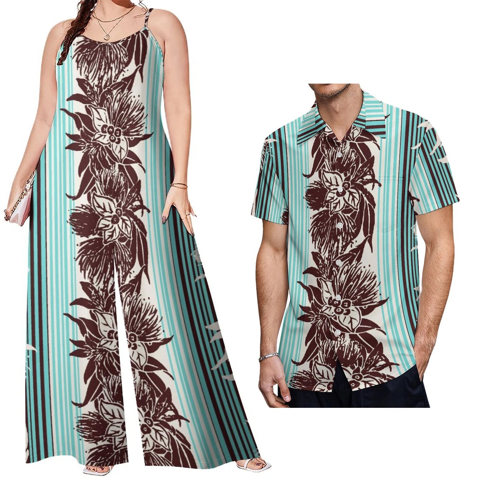 Drop Shipping Samoa Puletasi Casual Women Sling Jumpsuit Match Short Sleeve Aloha Shirt Polynesian Couple Clothes 2pc Set - Cozy & Co. Market