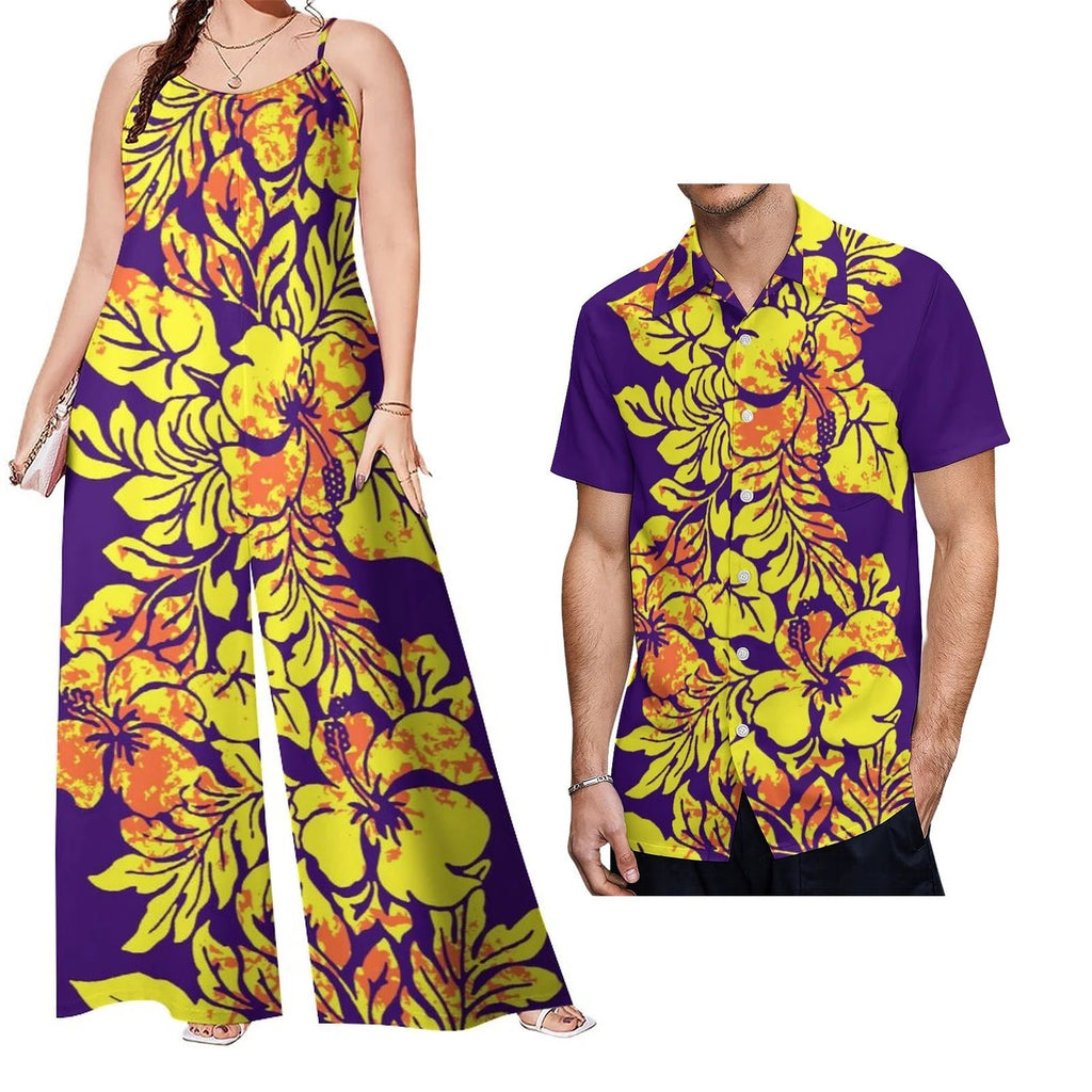 Drop Shipping Samoa Puletasi Casual Women Sling Jumpsuit Match Short Sleeve Aloha Shirt Polynesian Couple Clothes 2pc Set - Cozy & Co. Market