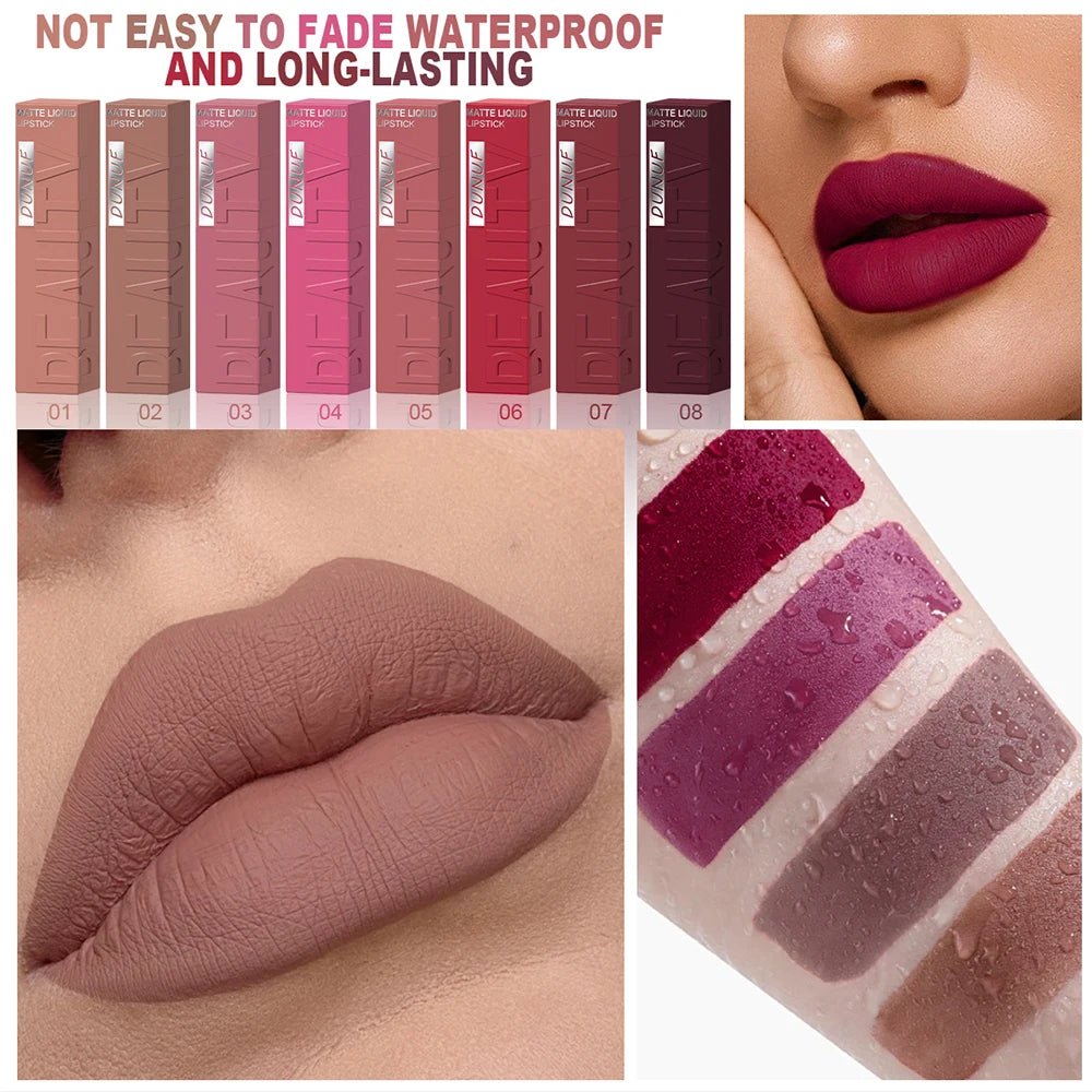 DUNUF 8-color matte velvet smooth easy-to-apply square tube lip gloss waterproof three-dimensional plumping lipstick - Cozy & Co. Market
