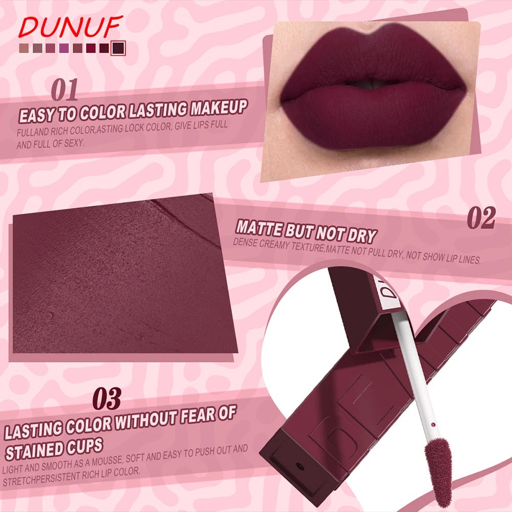DUNUF 8-color matte velvet smooth easy-to-apply square tube lip gloss waterproof three-dimensional plumping lipstick - Cozy & Co. Market