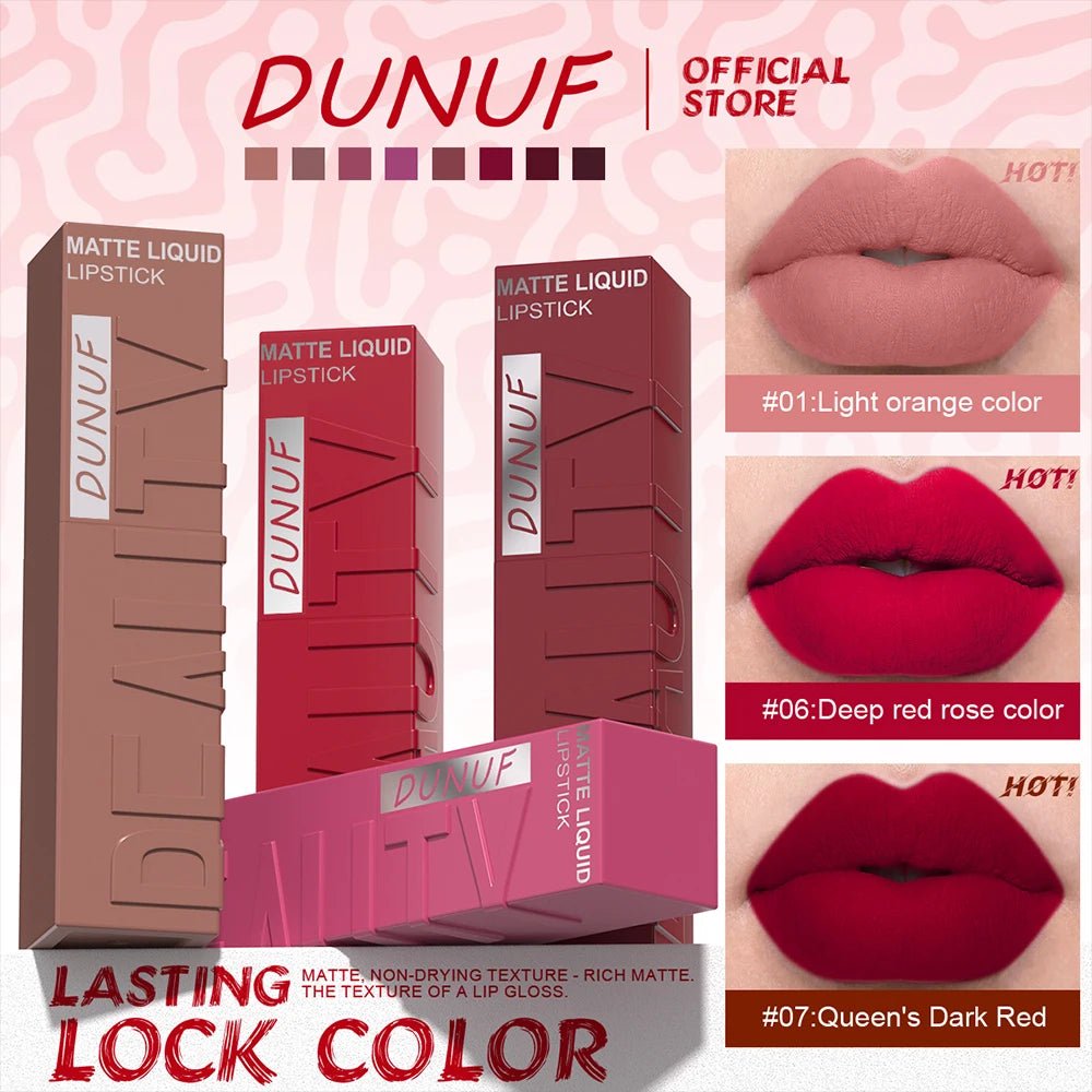 DUNUF 8-color matte velvet smooth easy-to-apply square tube lip gloss waterproof three-dimensional plumping lipstick - Cozy & Co. Market