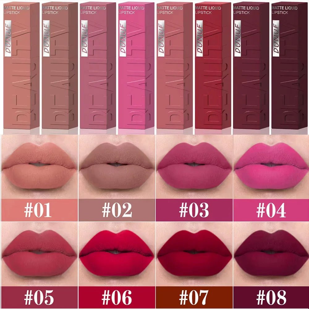 DUNUF 8-color matte velvet smooth easy-to-apply square tube lip gloss waterproof three-dimensional plumping lipstick - Cozy & Co. Market