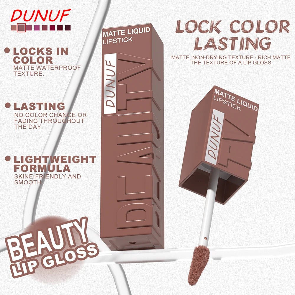 DUNUF 8-color matte velvet smooth easy-to-apply square tube lip gloss waterproof three-dimensional plumping lipstick - Cozy & Co. Market