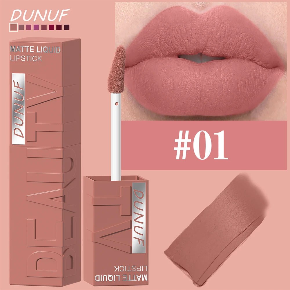 DUNUF 8-color matte velvet smooth easy-to-apply square tube lip gloss waterproof three-dimensional plumping lipstick - Cozy & Co. Market