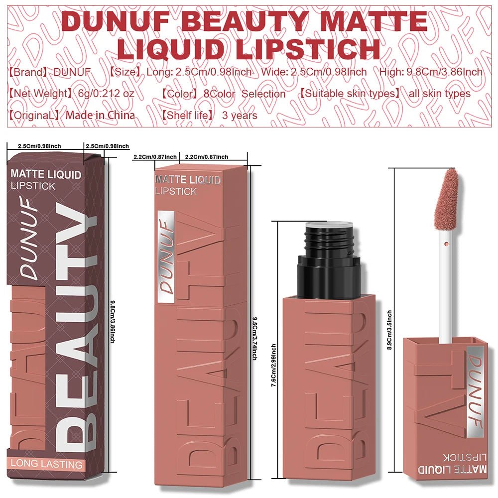 DUNUF 8-color matte velvet smooth easy-to-apply square tube lip gloss waterproof three-dimensional plumping lipstick - Cozy & Co. Market