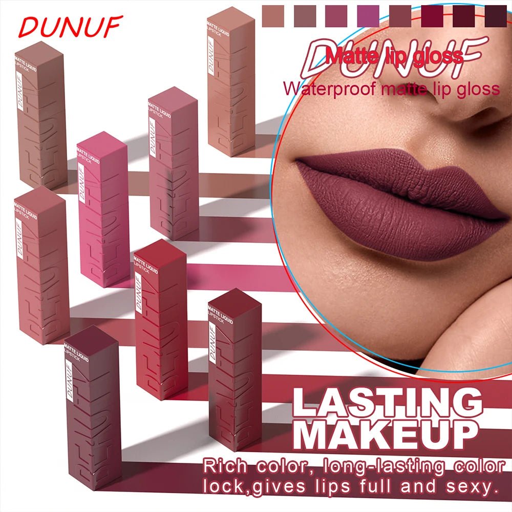 DUNUF 8-color matte velvet smooth easy-to-apply square tube lip gloss waterproof three-dimensional plumping lipstick - Cozy & Co. Market