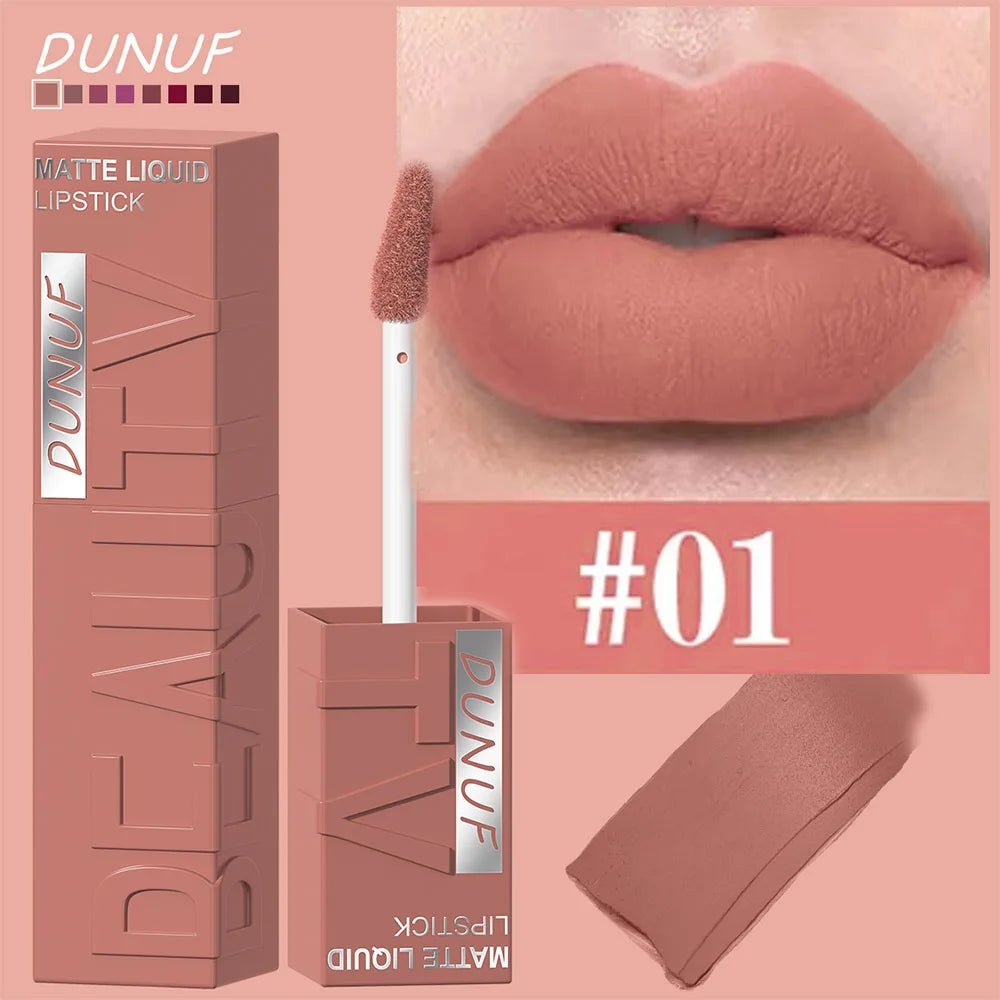 DUNUF 8-color matte velvet smooth easy-to-apply square tube lip gloss waterproof three-dimensional plumping lipstick - Cozy & Co. Market