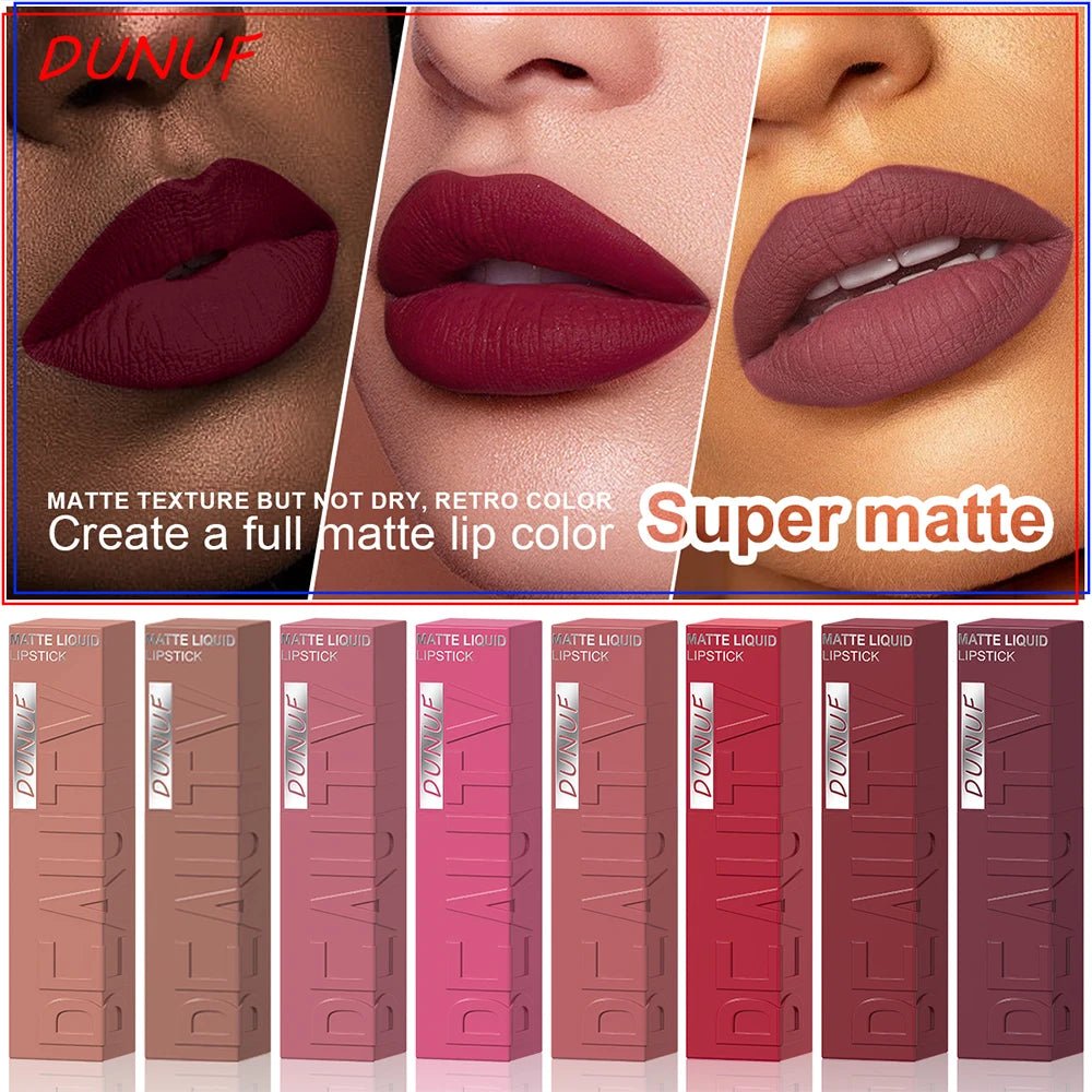 DUNUF 8-color matte velvet smooth easy-to-apply square tube lip gloss waterproof three-dimensional plumping lipstick - Cozy & Co. Market