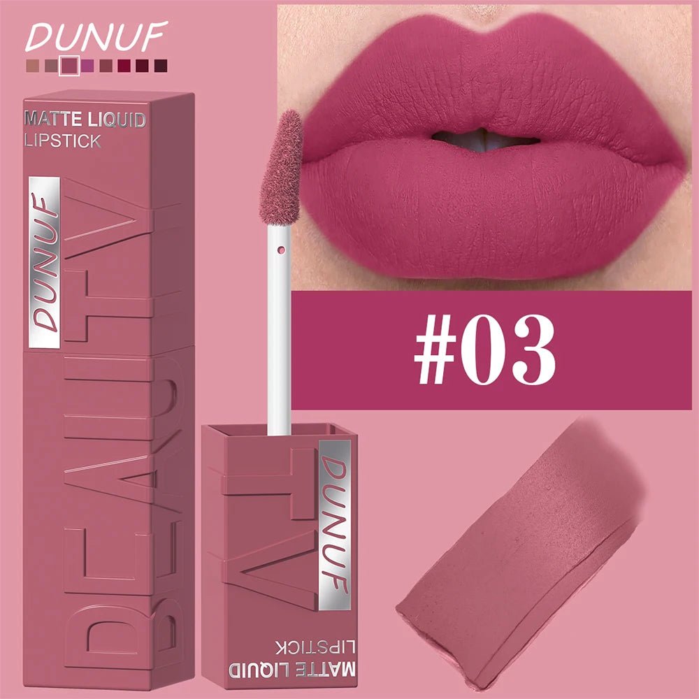 DUNUF 8-color matte velvet smooth easy-to-apply square tube lip gloss waterproof three-dimensional plumping lipstick - Cozy & Co. Market
