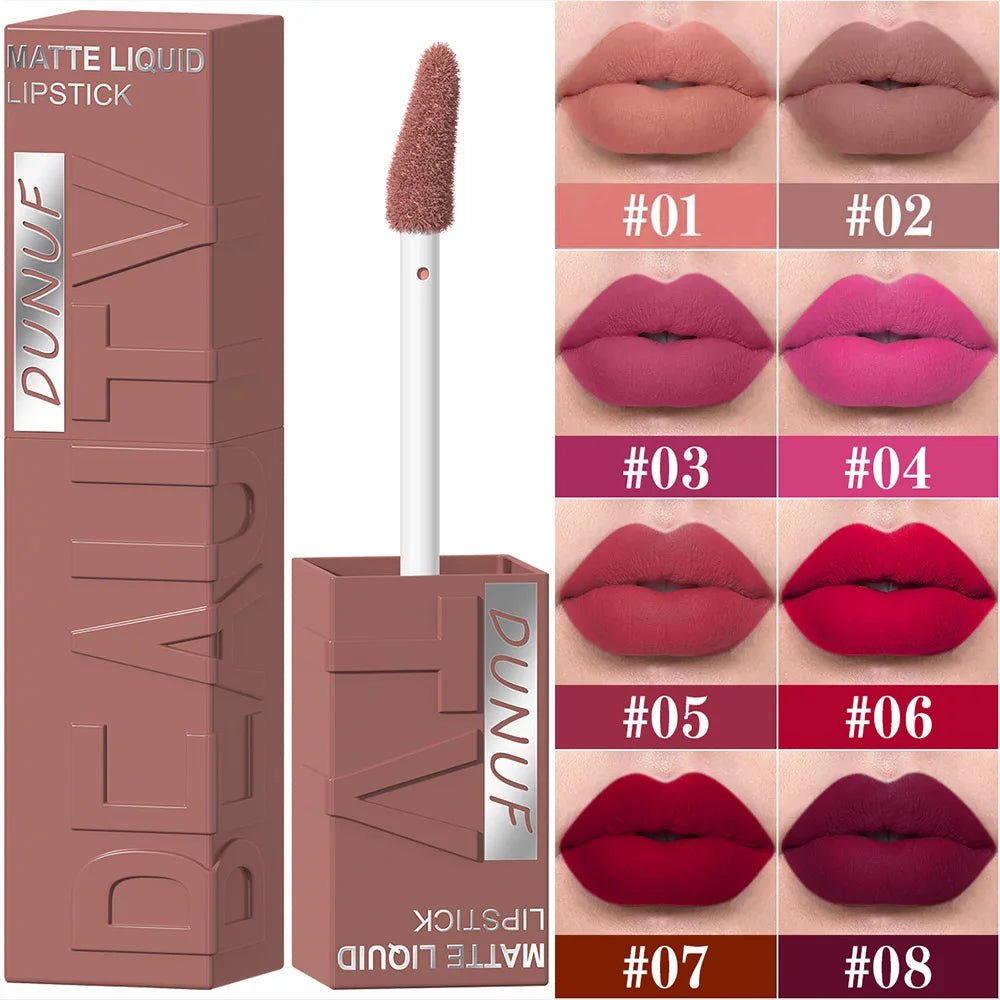 DUNUF 8-color matte velvet smooth easy-to-apply square tube lip gloss waterproof three-dimensional plumping lipstick - Cozy & Co. Market