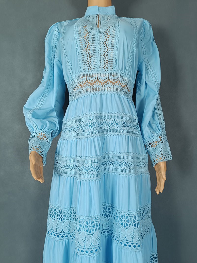 Europe and the United States cross-border explosions fashion retro women's lace stitching stand collar lantern sleeve big pendulum dress 9046 - Cozy & Co. Market