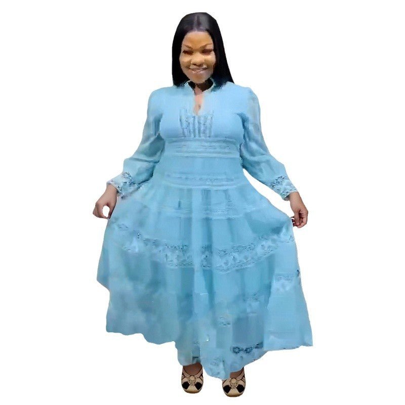 Europe and the United States cross-border explosions fashion retro women's lace stitching stand collar lantern sleeve big pendulum dress 9046 - Cozy & Co. Market