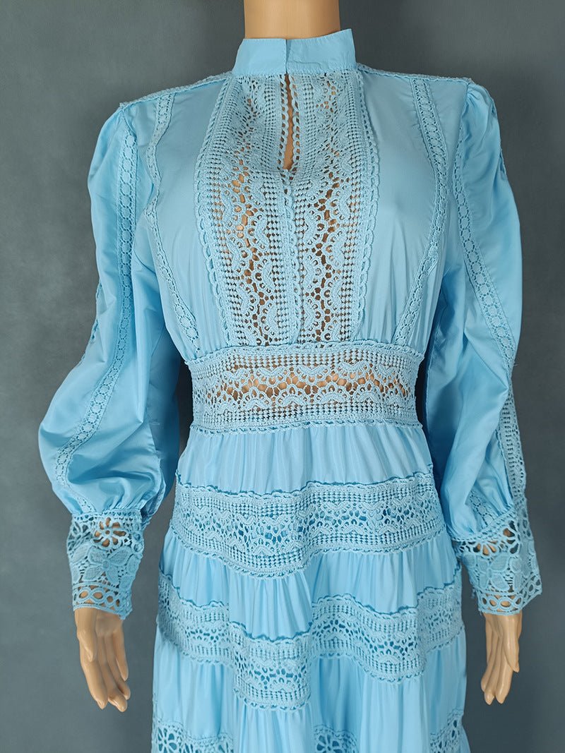 Europe and the United States cross-border explosions fashion retro women's lace stitching stand collar lantern sleeve big pendulum dress 9046 - Cozy & Co. Market