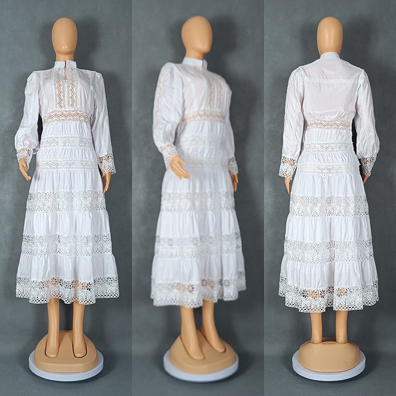 Europe and the United States cross-border explosions fashion retro women's lace stitching stand collar lantern sleeve big pendulum dress 9046 - Cozy & Co. Market