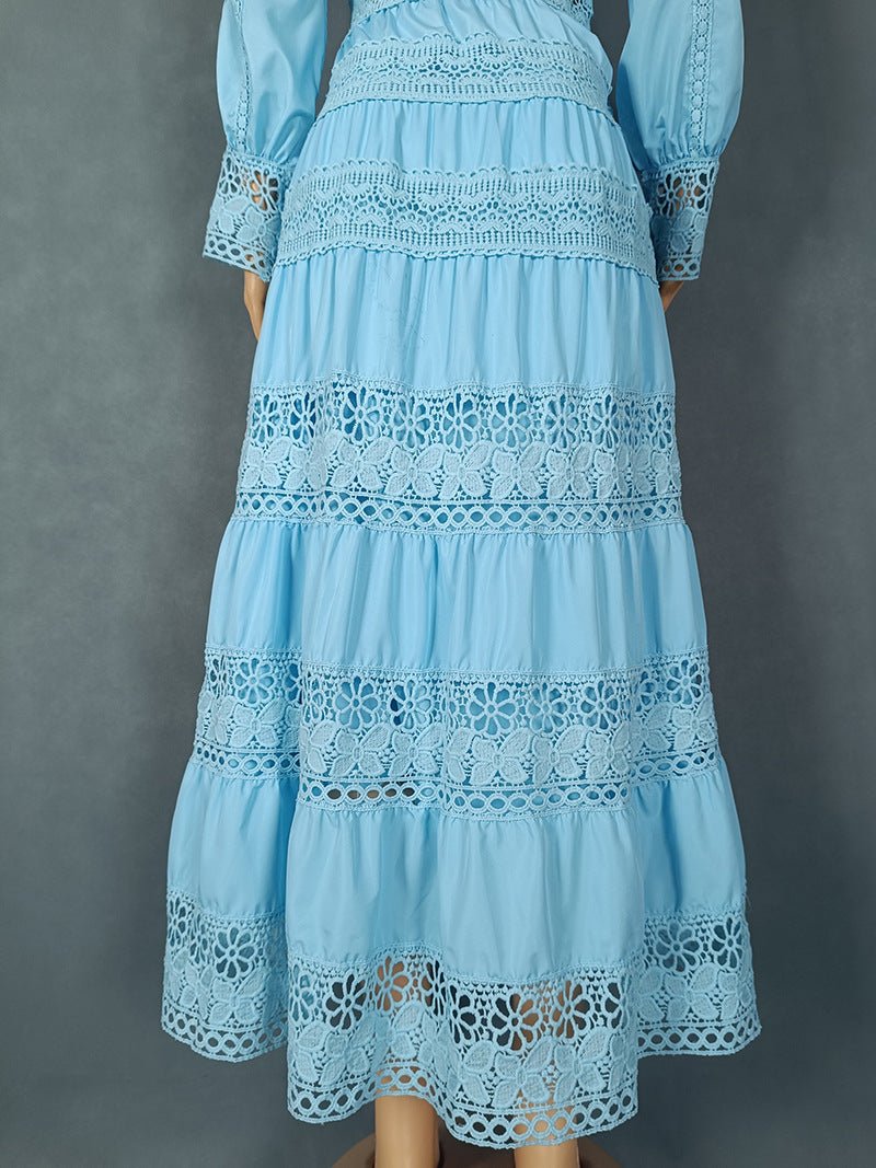 Europe and the United States cross-border explosions fashion retro women's lace stitching stand collar lantern sleeve big pendulum dress 9046 - Cozy & Co. Market