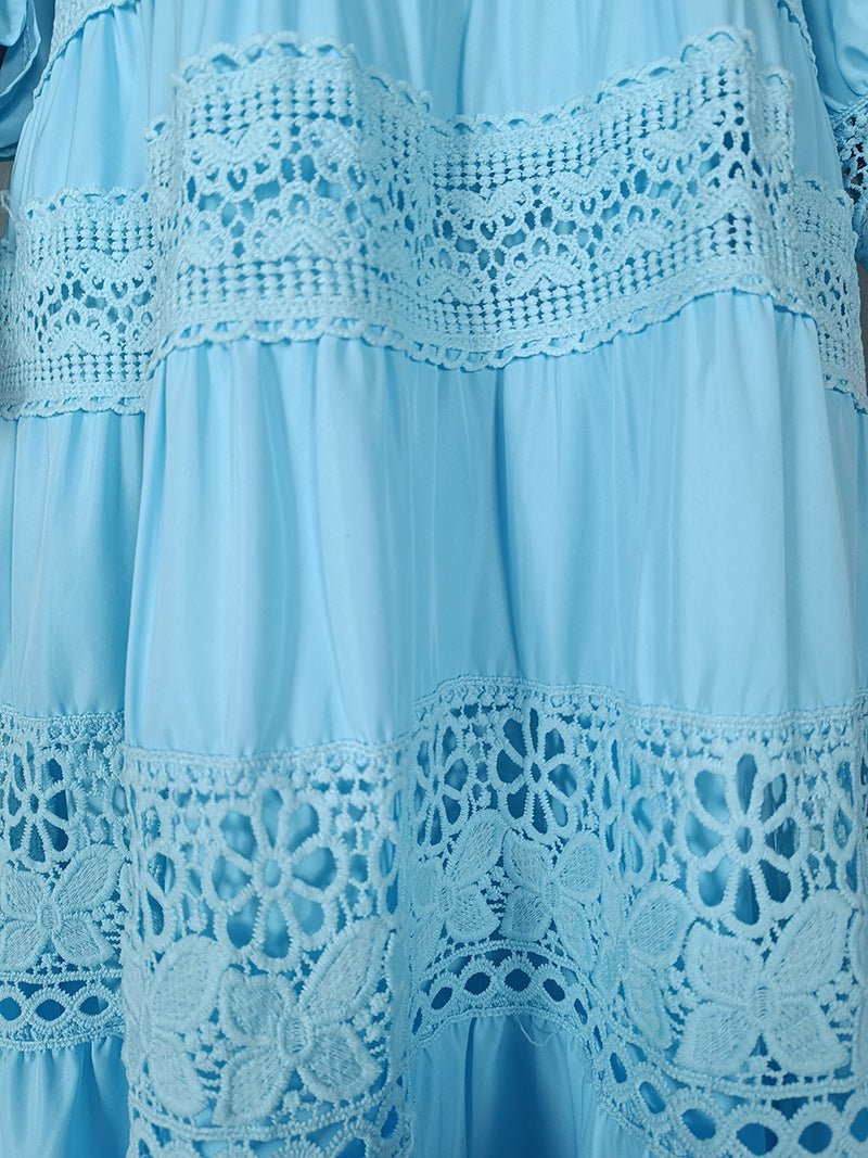 Europe and the United States cross-border explosions fashion retro women's lace stitching stand collar lantern sleeve big pendulum dress 9046 - Cozy & Co. Market