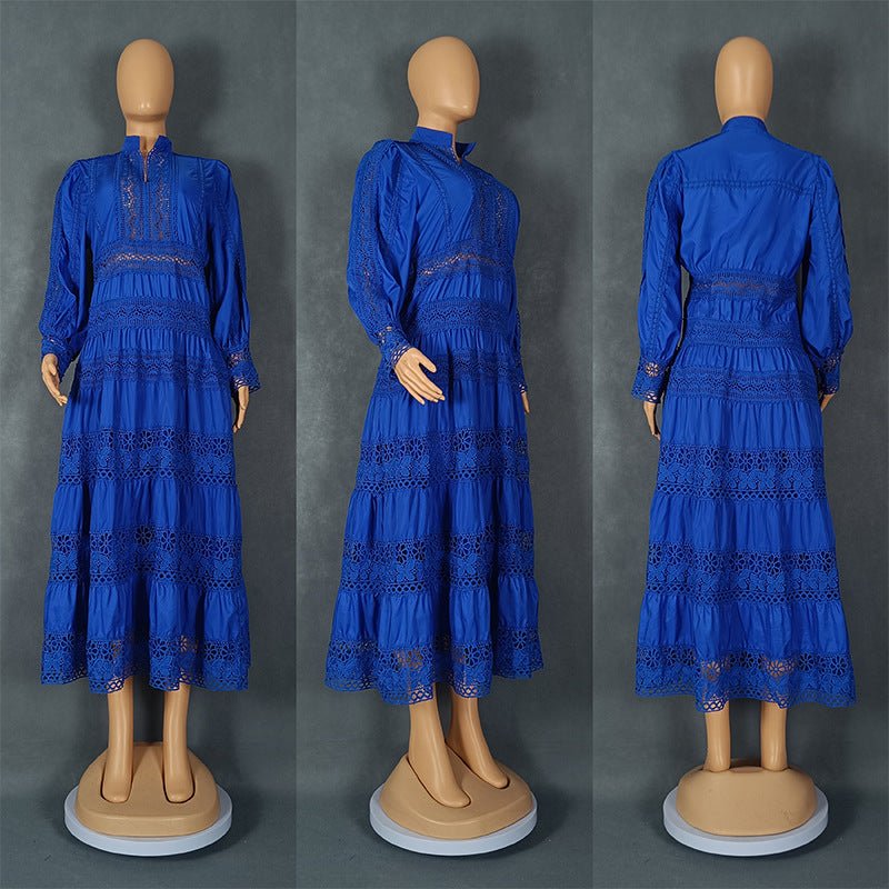 Europe and the United States cross-border explosions fashion retro women's lace stitching stand collar lantern sleeve big pendulum dress 9046 - Cozy & Co. Market