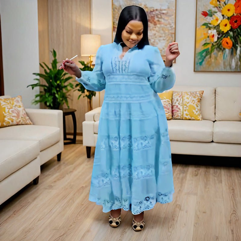 Europe and the United States cross-border explosions fashion retro women's lace stitching stand collar lantern sleeve big pendulum dress 9046 - Cozy & Co. Market
