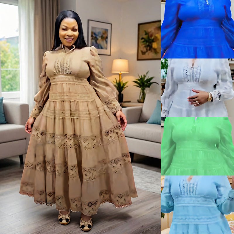 Europe and the United States cross-border explosions fashion retro women's lace stitching stand collar lantern sleeve big pendulum dress 9046 - Cozy & Co. Market