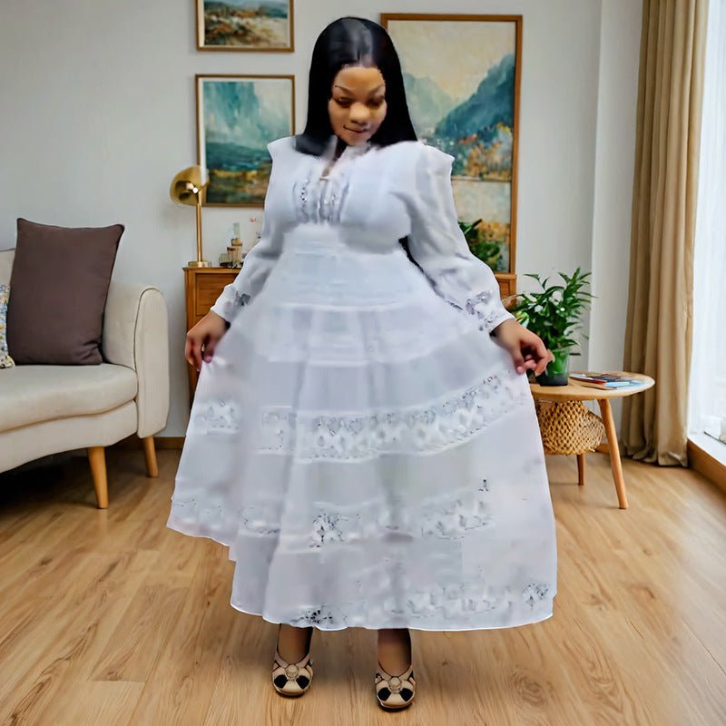 Europe and the United States cross-border explosions fashion retro women's lace stitching stand collar lantern sleeve big pendulum dress 9046 - Cozy & Co. Market