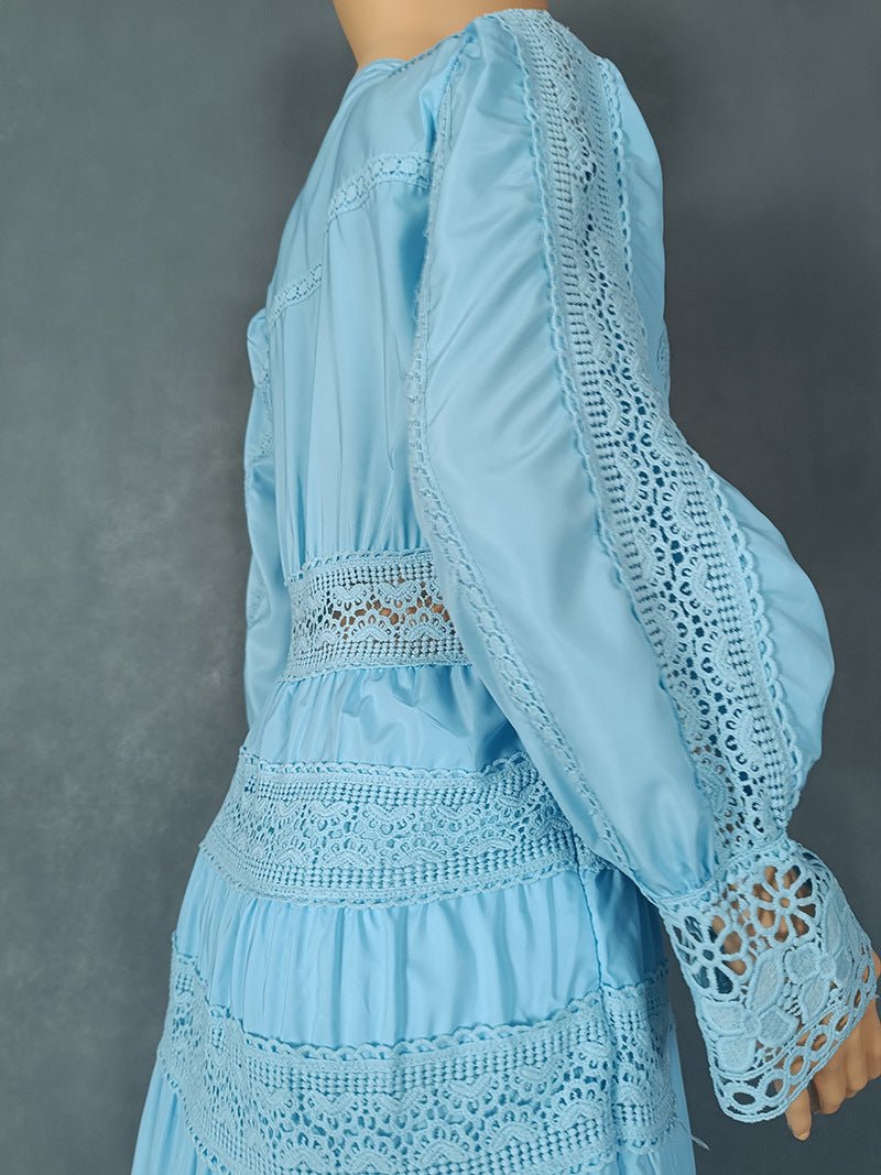 Europe and the United States cross-border explosions fashion retro women's lace stitching stand collar lantern sleeve big pendulum dress 9046 - Cozy & Co. Market