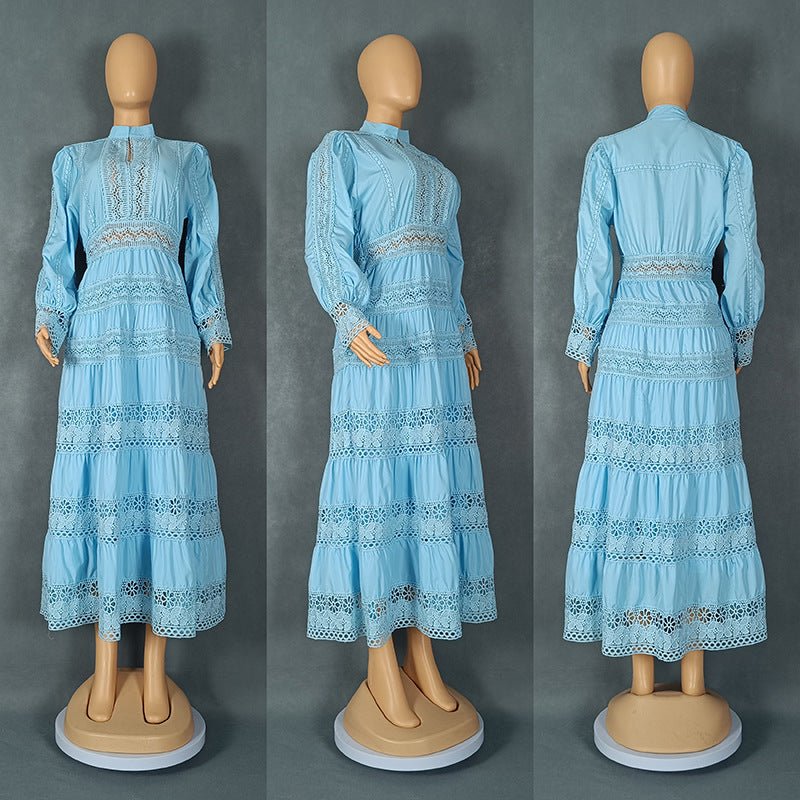 Europe and the United States cross-border explosions fashion retro women's lace stitching stand collar lantern sleeve big pendulum dress 9046 - Cozy & Co. Market