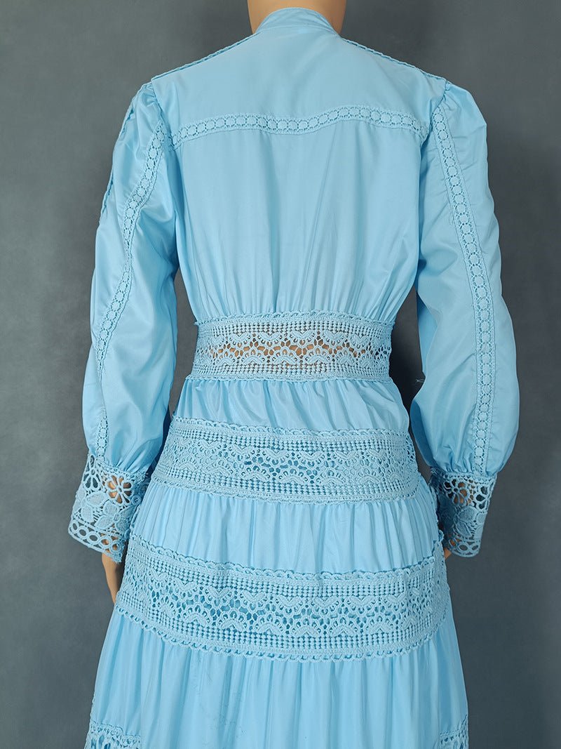 Europe and the United States cross-border explosions fashion retro women's lace stitching stand collar lantern sleeve big pendulum dress 9046 - Cozy & Co. Market