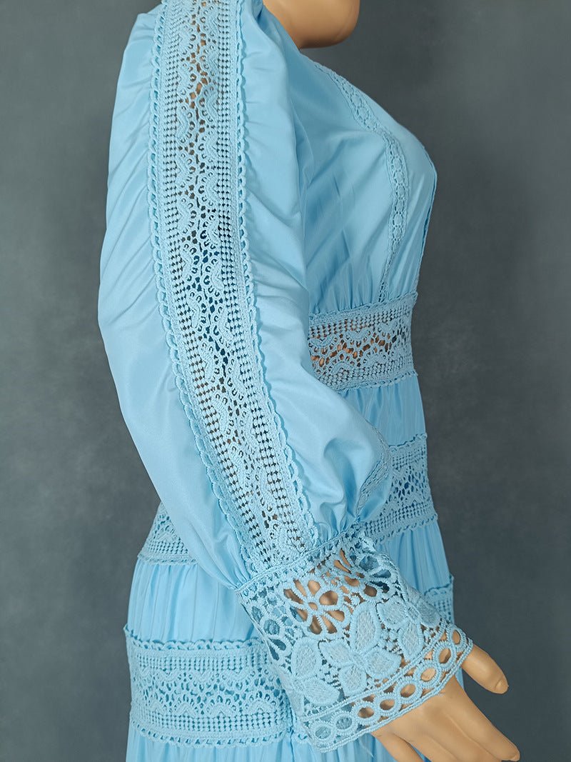 Europe and the United States cross-border explosions fashion retro women's lace stitching stand collar lantern sleeve big pendulum dress 9046 - Cozy & Co. Market