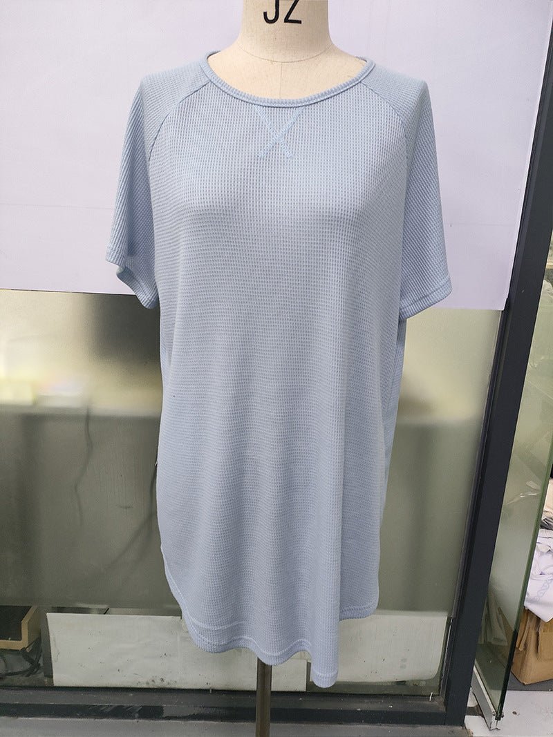 European and American Cross-Border Women's Casual Round Neck Dress Summer Short-Sleeved Waffle Long Women's Home Clothes Fashion - Cozy & Co. Market