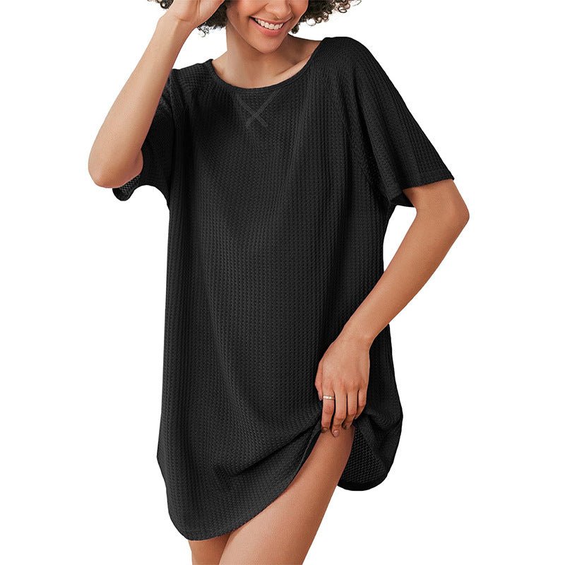 European and American Cross-Border Women's Casual Round Neck Dress Summer Short-Sleeved Waffle Long Women's Home Clothes Fashion - Cozy & Co. Market