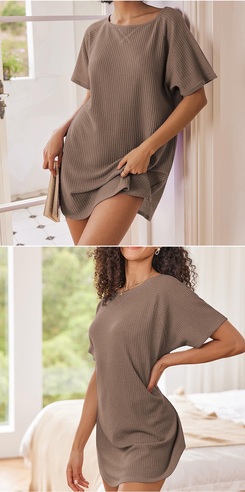 European and American Cross-Border Women's Casual Round Neck Dress Summer Short-Sleeved Waffle Long Women's Home Clothes Fashion - Cozy & Co. Market