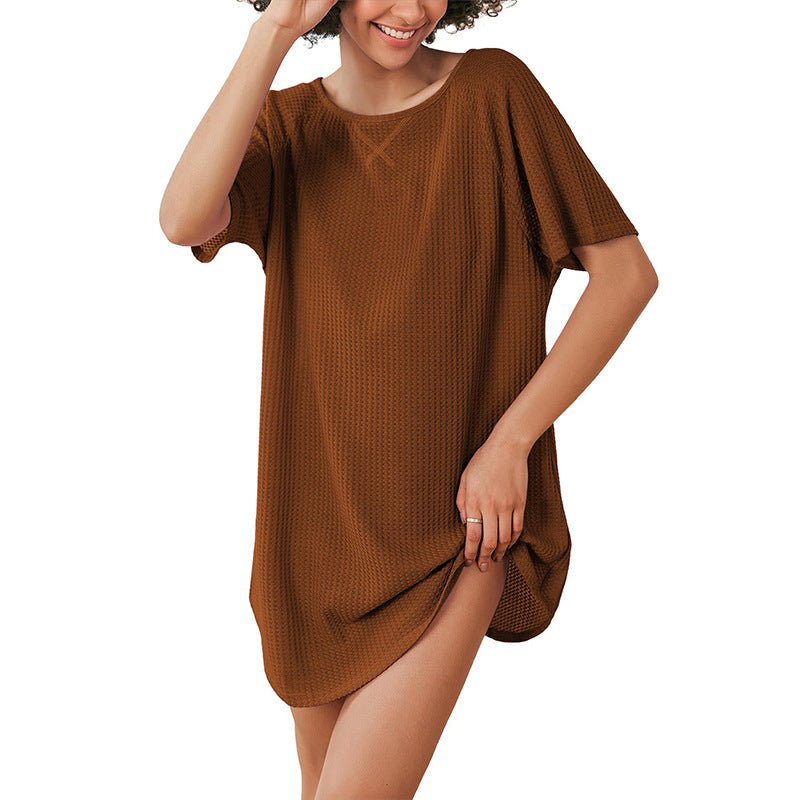 European and American Cross-Border Women's Casual Round Neck Dress Summer Short-Sleeved Waffle Long Women's Home Clothes Fashion - Cozy & Co. Market