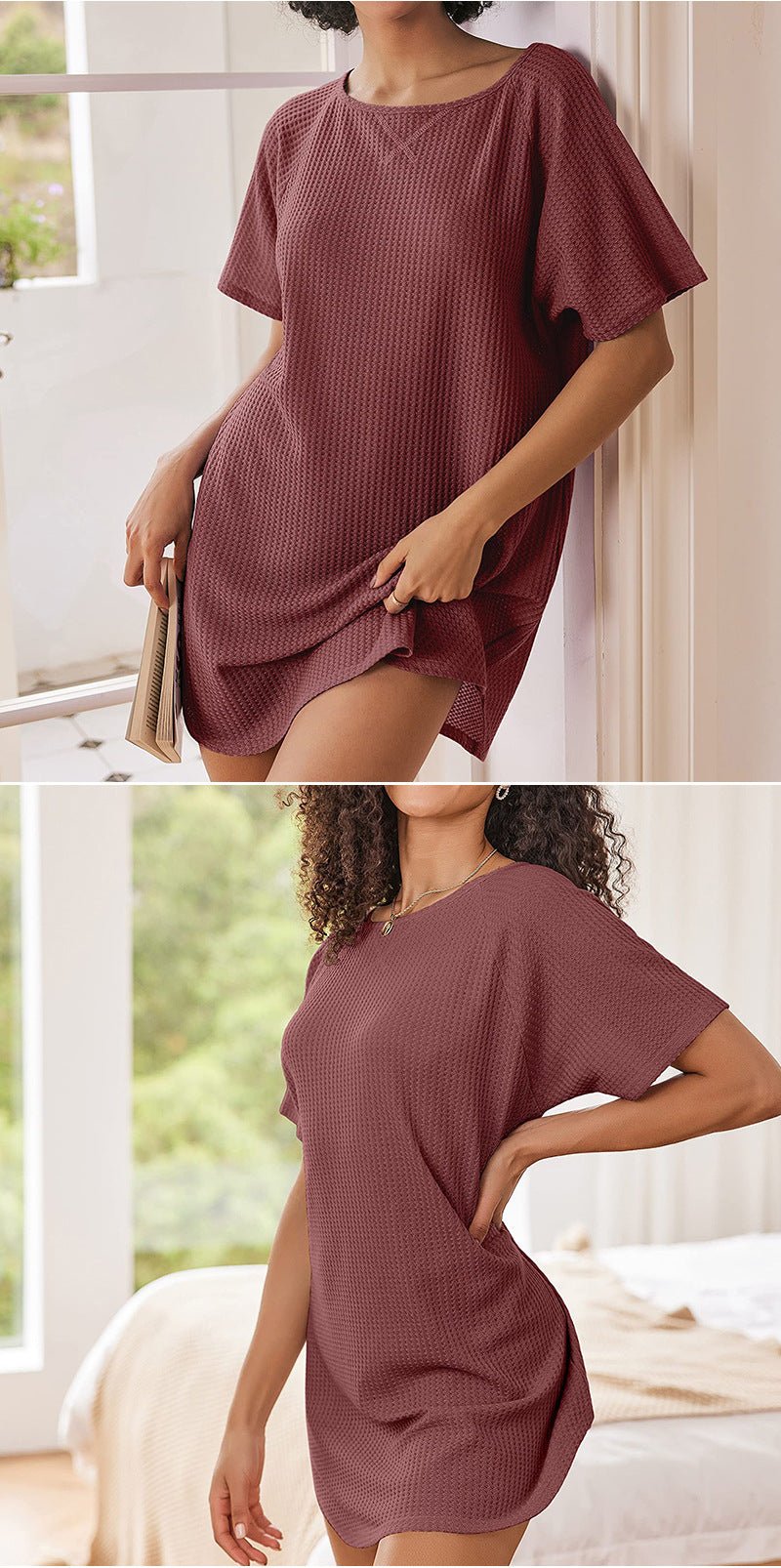 European and American Cross-Border Women's Casual Round Neck Dress Summer Short-Sleeved Waffle Long Women's Home Clothes Fashion - Cozy & Co. Market